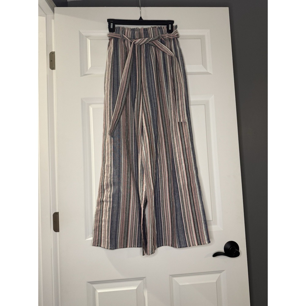 Thml Wide Leg Tie Waist Pants W Belt XS Pink Purple Gray Striped